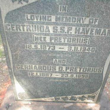 HAVEMANN Getruida S.S.P. nee PRETORIUS 1873-1940 :: PRETORIUS Gerhardus D. 1867-1898