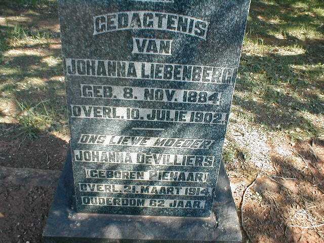 LIEBENBERG Johanna 1884-1902 :: DE VILLIERS Johanna nee PIENAAR 1852-1914