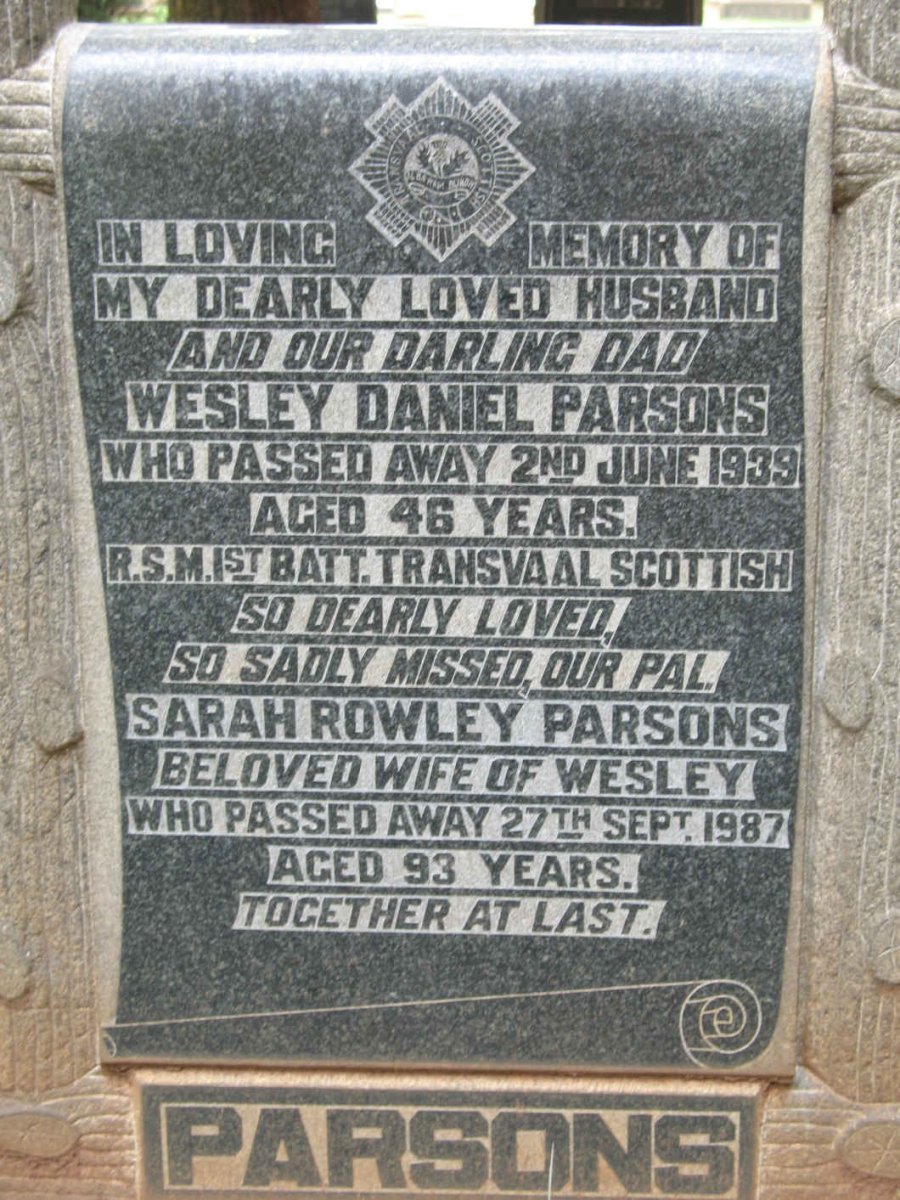 PARSONS Wesley Daniel -1939 &amp; Sarah Rowley -1987