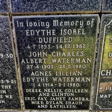 DUFFIELD Edythe Isobel 1893-1982 :: WATERMAN John Charles Albert 1907-1980 :: WATERMAN Agnes Lillian Edythe 1914-1980