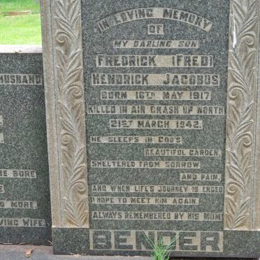 BENDER Fredrick Hendrick Jacobus 1917-1942 :: BENDER Jan George 1891-1945 &amp; Evelina Johanna WORTLEY 1894-1975