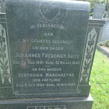 BRITZ Johannes Frederick 1881-1940 &amp; Gertruida Margaretha GREYLING 1880-1948