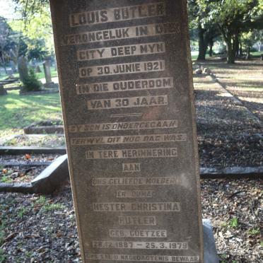 BUTLER Hester Christina nee COETZEE 1887-1979 :: BUTLER Louis -1921