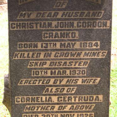 CRANKO Cornelia Gertruda -1926 :: CRANKO Christian John Gordon 1884-1930