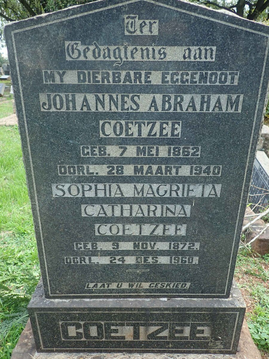 COETZEE Johannes Abraham 1862-1940 &amp; Sophia Magrieta Catharina 1872-1960