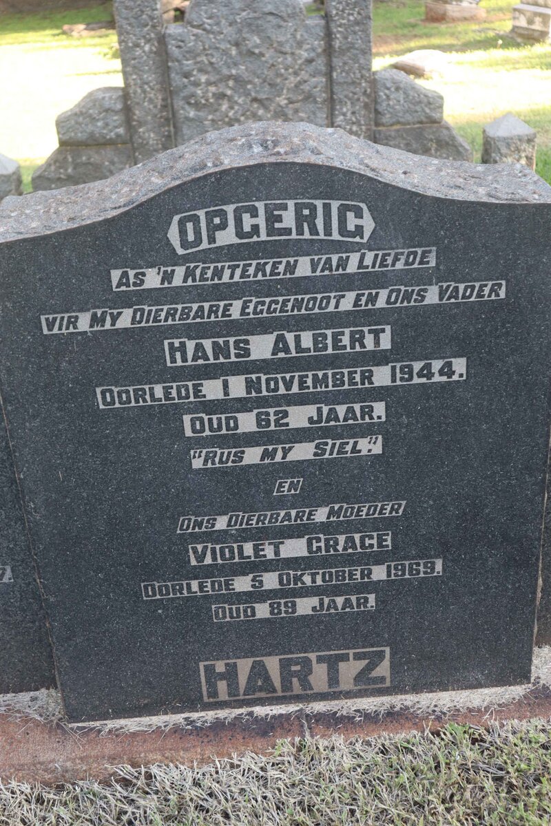 HARTZ Hans Albert -1944 &amp; Violet Grace 1969 :: BASSON Irene Maria nee HARTZ 1905-1957