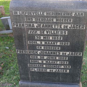 JAGER Francina Jeannette, de nee DE VILLIERS 1852-1926 :: DE JAGER Frederick Johannes 1882-1925