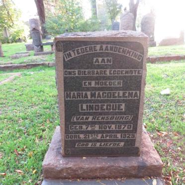 LINDEQUE Maria Magdalena nee VAN RENSBURG 1870-1925