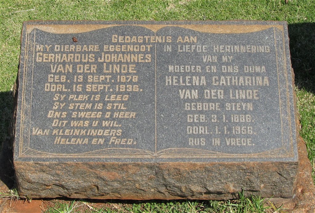 LINDE Gerhardus Johannes, van der 1878-1936 &amp; Helena Catharina STEYN 1886-1956 