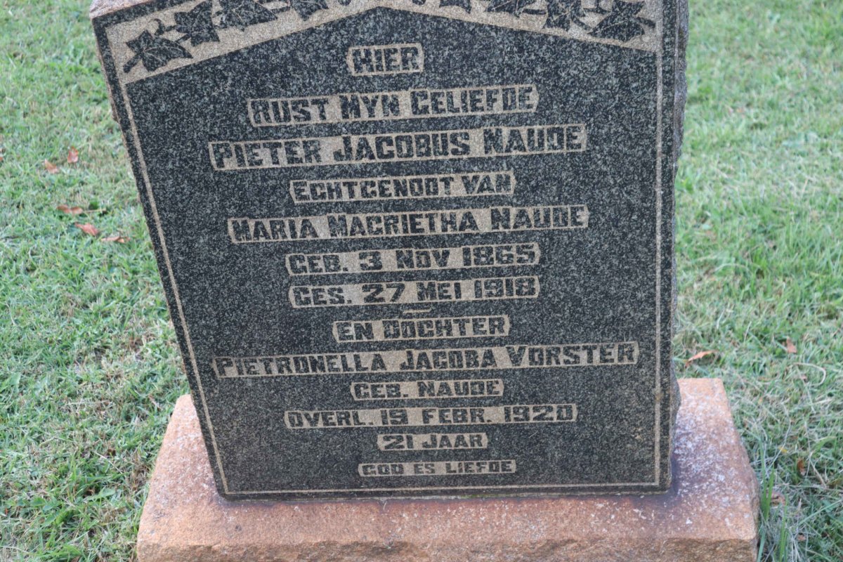 NAUDE Pieter Jacobus 1865-1918 :: VORSTER Pietronella Jacoba nee NAUDE -1920