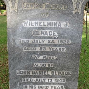 OLWAGE John Daniel -1942 &amp; Wilhelmina J. -1922