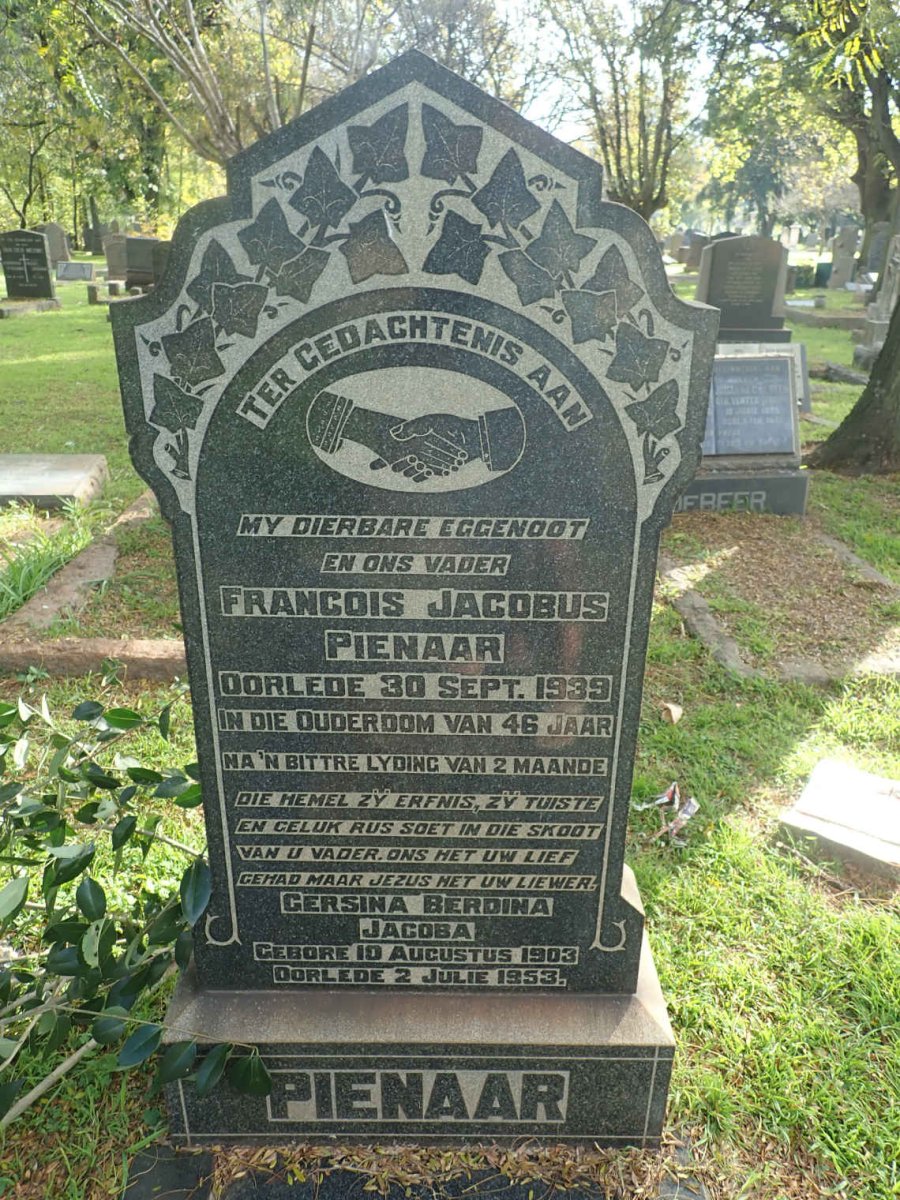 PIENAAR Francois Jacobus -1939 &amp; Gersina Berdina Jacoba 1903-1953