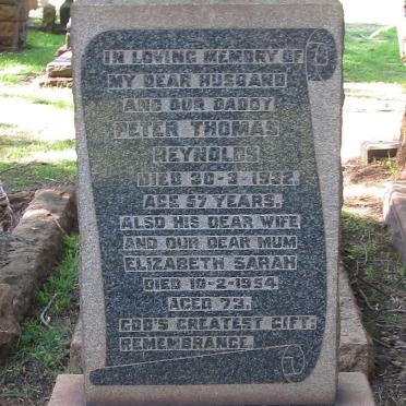 REYNOLDS Peter Thomas -1932 &amp; Elizabeth Sarah -1954