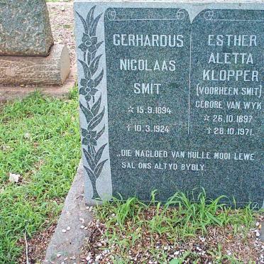 SMIT Gerhardus Nicolaas 1894-1924 Ester Aletta KLOPPER previously SMIT nee VAN WYK 1897-1971