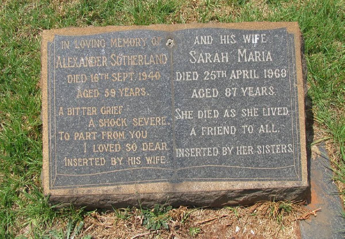 SUTHERLAND Alexander -1940 &amp; Sarah Maria -1968