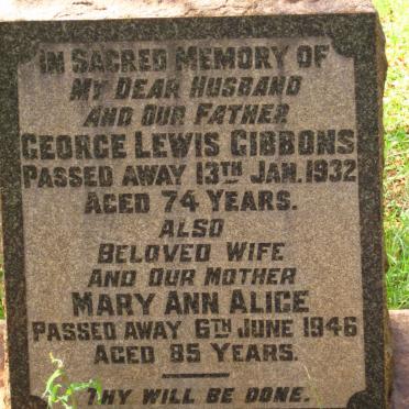 GIBBONS George Lewis -1932 &amp; Mary Ann Alice -1946