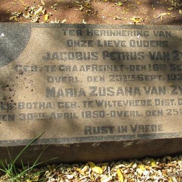 ZYL Jacobus Petrus, van 1847-1922 &amp; Maria Zusana BOTHA 1850-1927