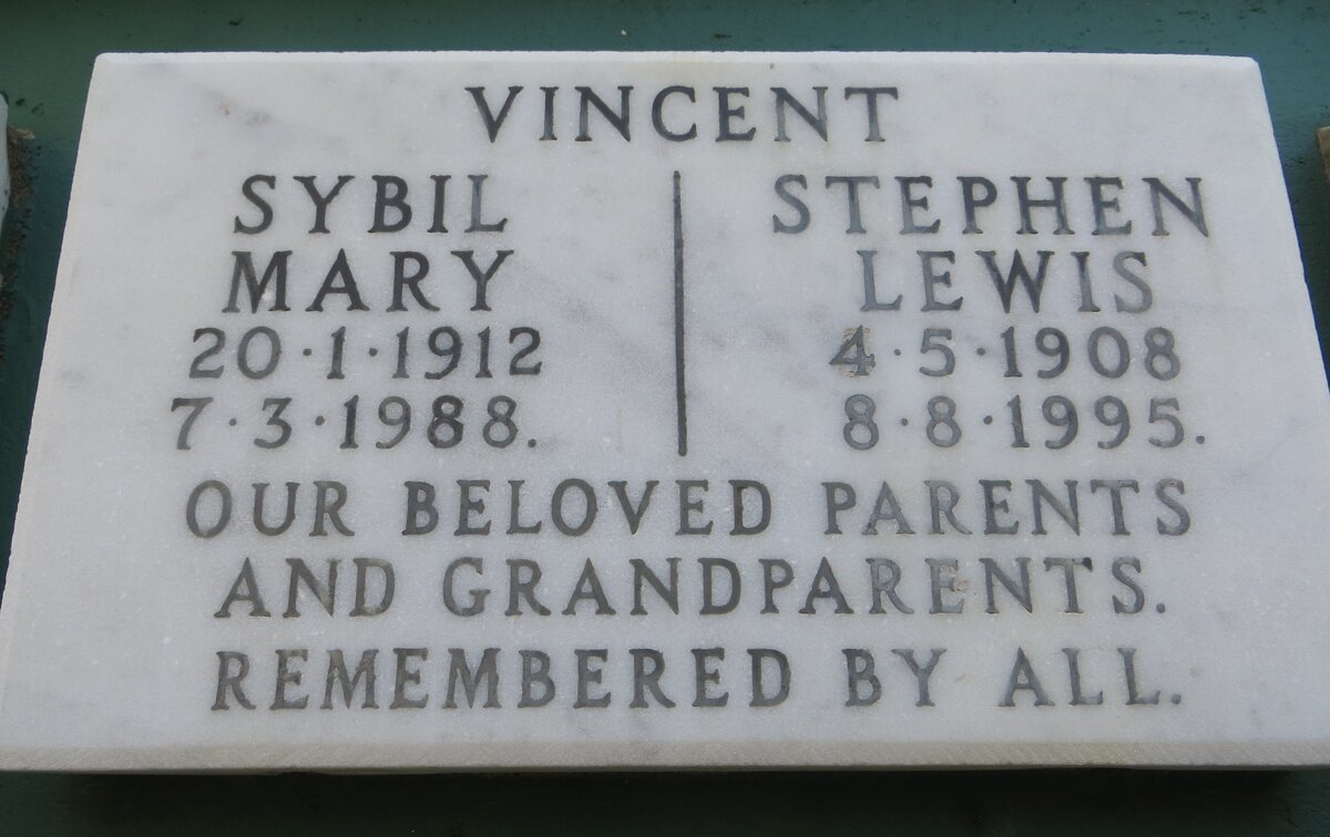 VINCENT Stephen Lewis 1908-1995 &amp; Sybil Mary 1912-1988