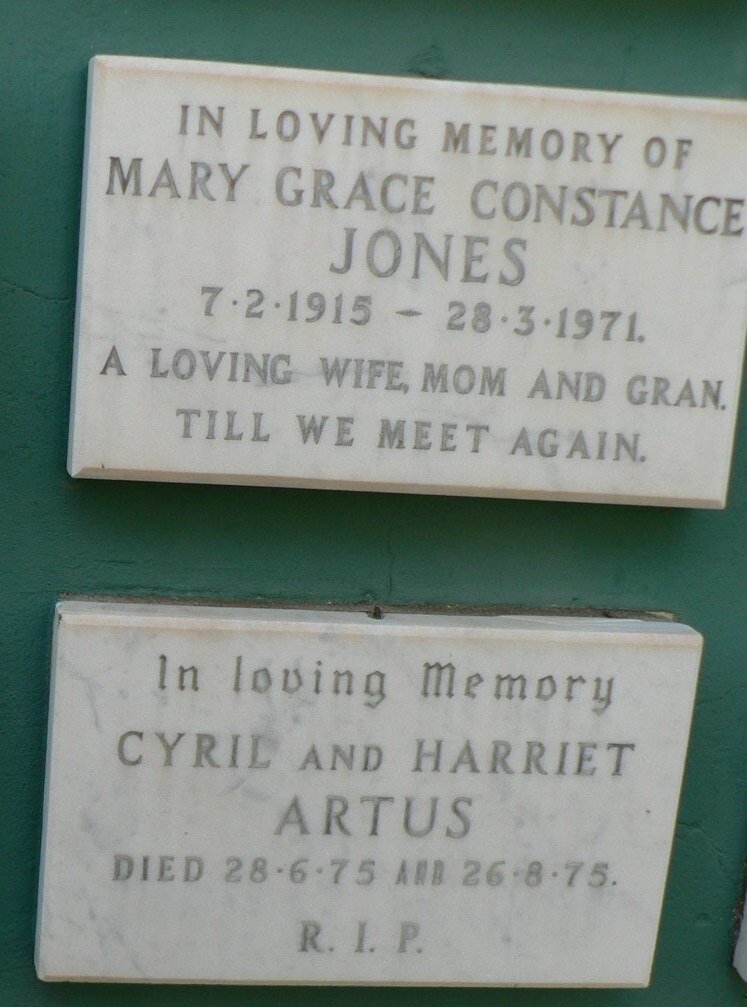 JONES Mary Grace Constance 1915-1971 :: ARTUS Cyril -1975 &amp; Harriet -1975