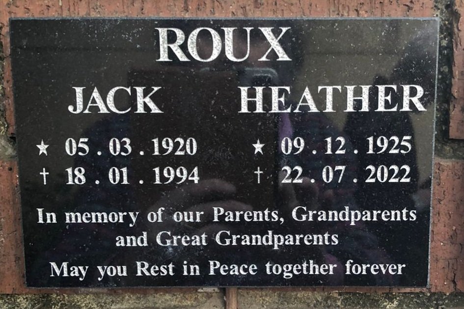 ROUX Jacobus Petrus 1920-1994 &amp; Heather Mathieson THOMAS 1925-2022