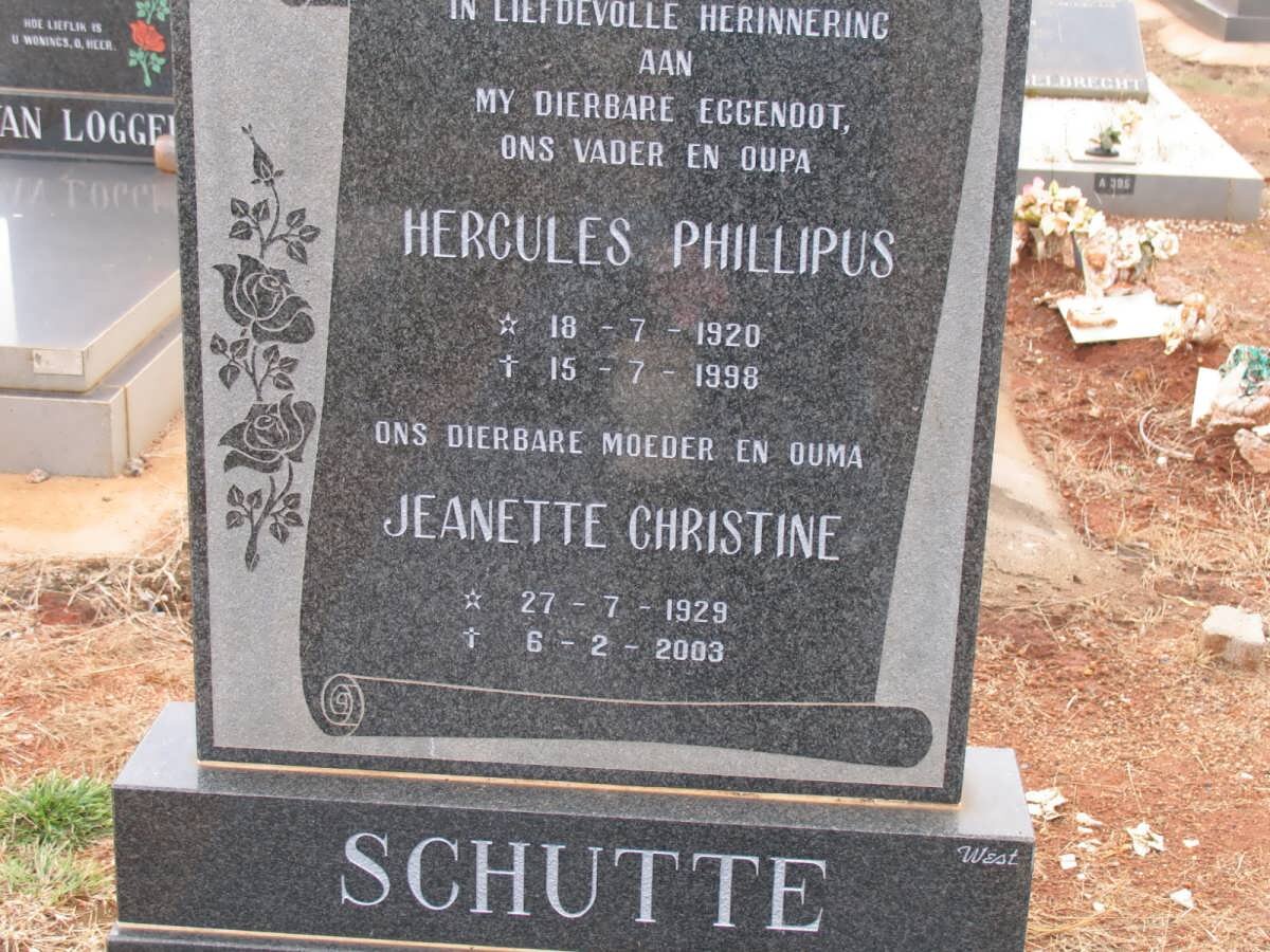 SCHUTTE Hercules Phillipus 1920-1998 &amp; Jeanette Christine 1929-2003