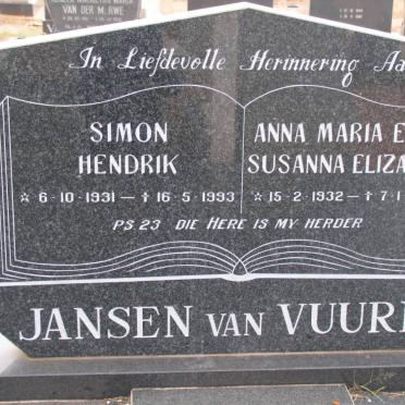 VUUREN Simon Hendrik, Jansen van  1931-1993 &amp; Anna Maria Elsie Susanna Elizabeth 1932-2003