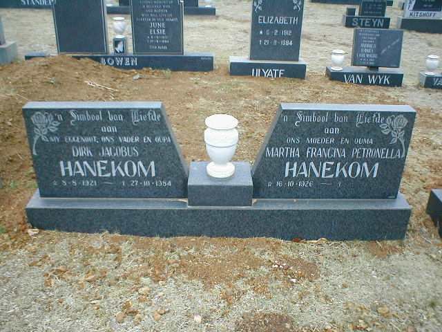 HANEKOM Dirk Jacobus 1921-1984 &amp; Martha Francina Petronella 1926-