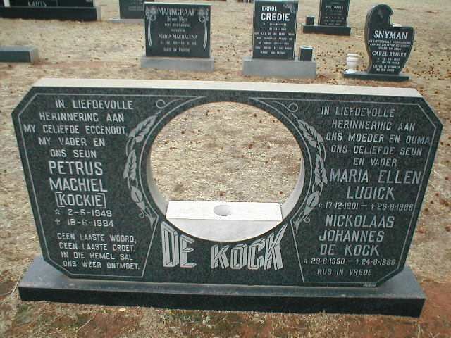 KOCK Petrus Machiel, de 1949-1984 :: DE KOCK Nickolaas Johannes 1950-1986 :: DE KOCK Maria Ellen nee LUDICK 1901-1986
