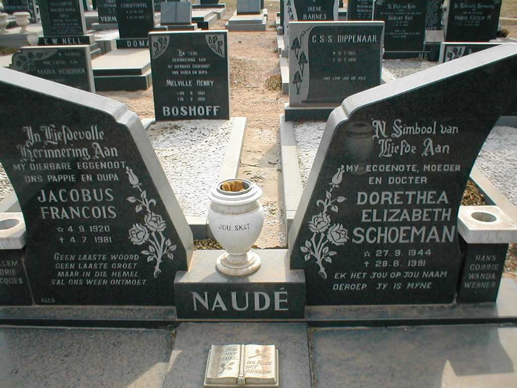 NAUDE Jacobus Francois 1920-1981 &amp; Dorothea Elizabeth SCHOEMAN 1944-1991