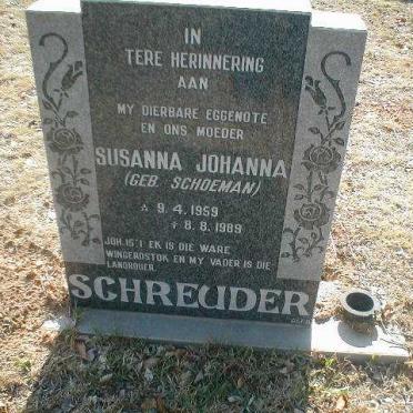 SCHREUDER Susanna Johanna nee SCHOEMAN 1959-1989