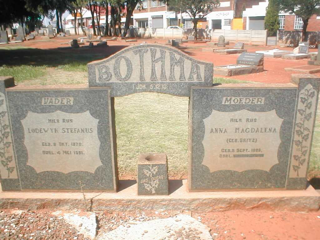 BOTHMA Lodewyk Stefanus 187?-1951 &amp; Anna Magdalena BRITZ 1889-