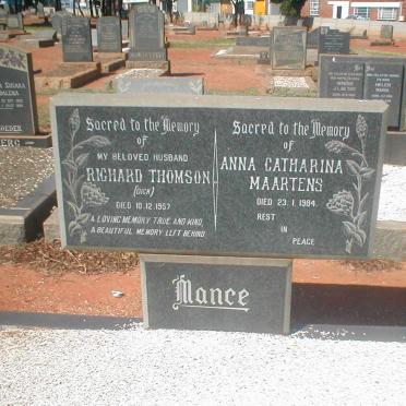 MANCE Richard Thomson -1957 &amp; Anna Catharina Maartens -1984