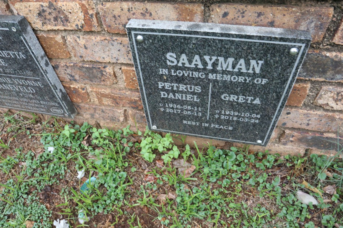 SAAYMAN Petrus Daniel 1936-2017 &amp; Greta 1939-2018