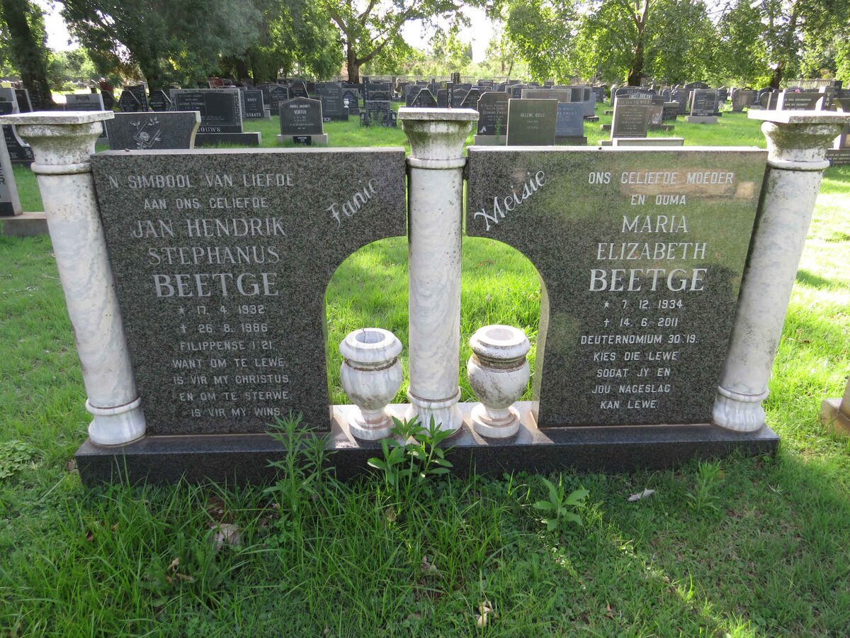 BEETGE Jan Hendrik Stephanus 1932-1986 &amp; Maria Elizabeth 1934-2011
