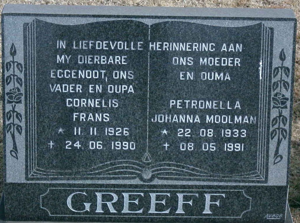 GREEFF Cornelis Frans 1926-1990 &amp; Petronella Johanna MOOLMAN 1933-1991