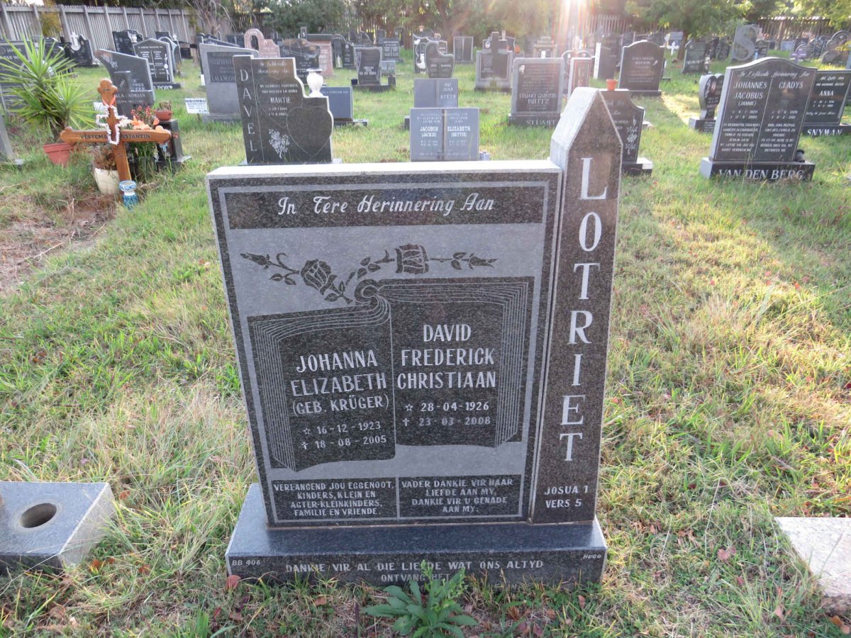LOTRIET David Frederick Christiaan 1926-2008 &amp; Johanna Elizabeth KRUGER 1923-2005