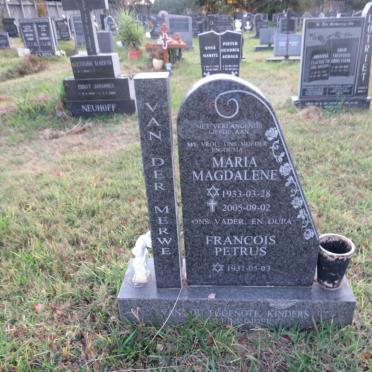 MERWE Francois Petrus, van der 1931- &amp; Maria Magdalene 1933-2005
