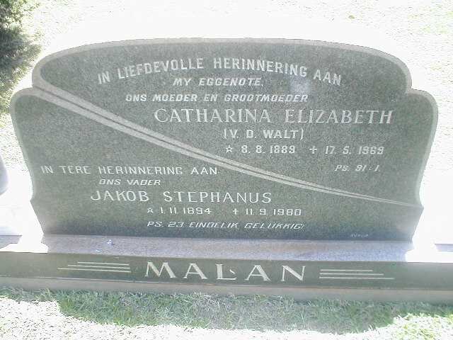 MALAN Jakob Stephanus 1894-1980 &amp; Catharina Elizabeth VAN DER WALT 1889-1969