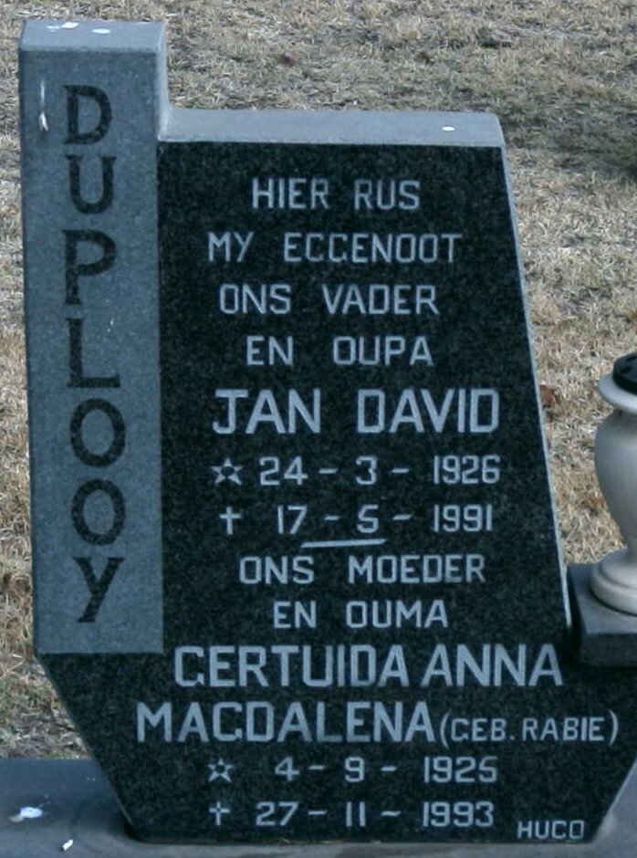 PLOOY Jan David, du 1926-1991 &amp; Gertruida Anna Magdalena RABIE 1925-1993