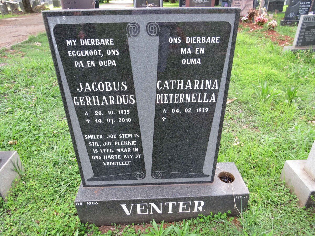 VENTER Jacobus Gerhardus 1935-2010 &amp; Catharina Pieternella 1939-