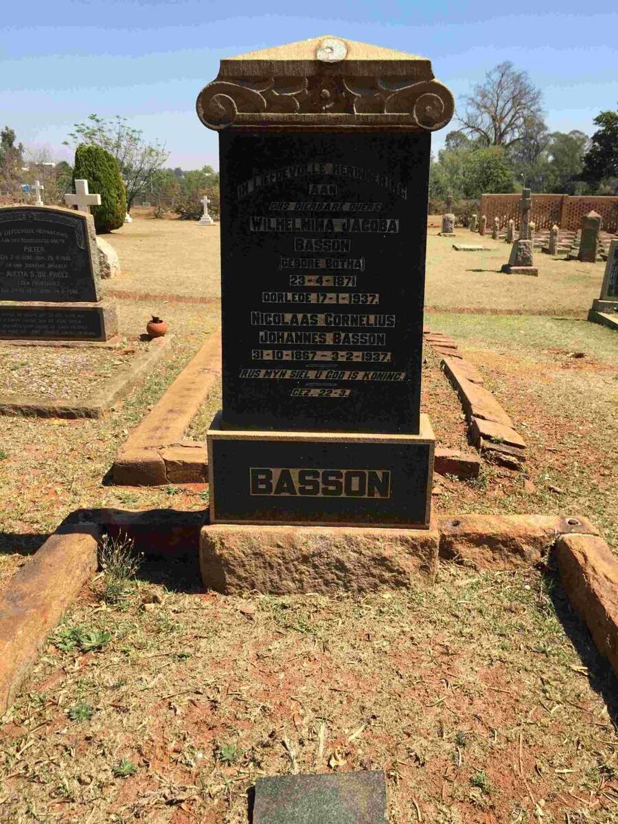 BASSON Nicolaas Cornelius Johannes 1867-1937 &amp; Wilhelmina Jacoba BOTHA 1871-1937