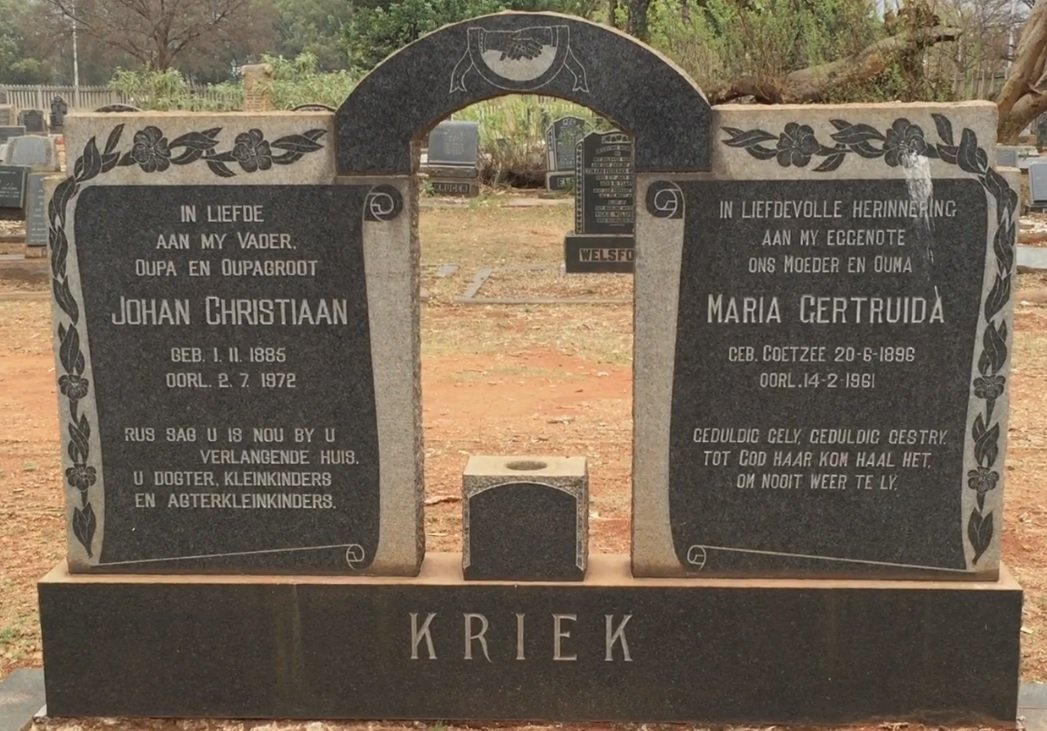 KRIEK Johan Christiaan 1885-1972 &amp; Maria Gertruida COETZEE 1896-1961