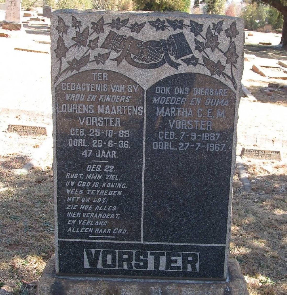 VORSTER Lourens Maartens 1889-1936 &amp; Martha C.E.M. 1887-1967