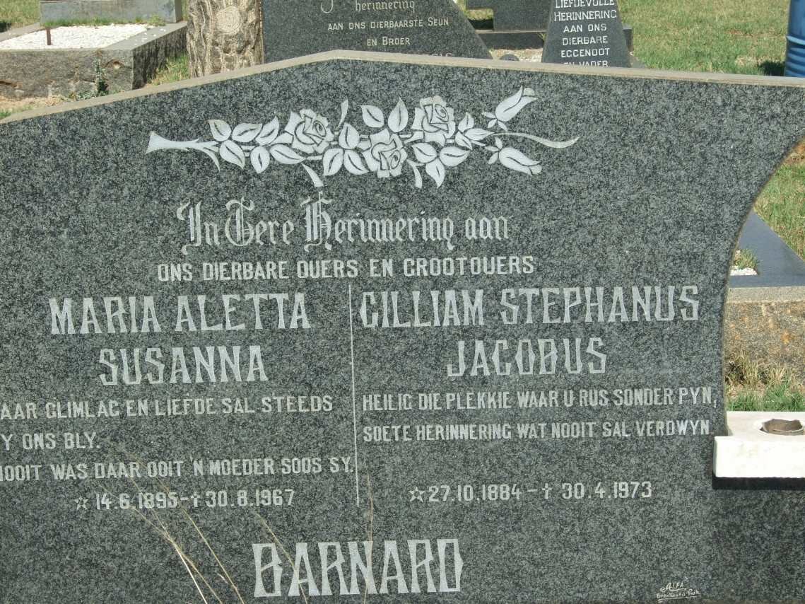 BARNARD Gilliam Stephanus Jacobus 1884-1973 &amp; Maria Aletta Susanna 1895-1967