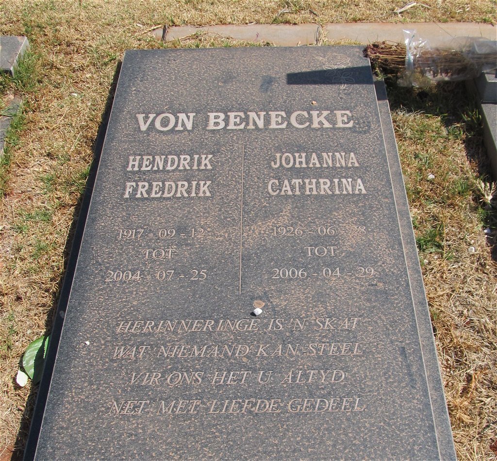 BENECKE Hendrik Fredrik, von 1917-2004 &amp; Johanna Cathrina 1926-2006