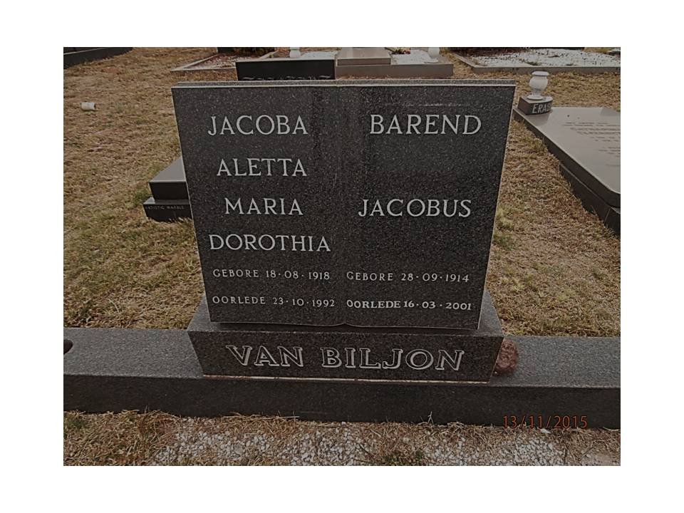 BILJON Barend Jacobus, van 1914-2001 &amp; Jacoba Aletta Maria Dorothia 1918-1992