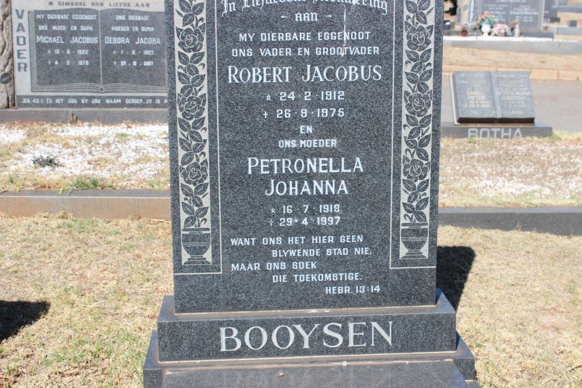 BOOYSEN Robert Jacobus 1912-1975 &amp; Petronella Johanna 1918-1997
