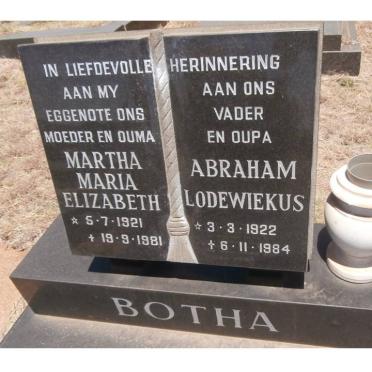 BOTHA Abraham Lodewiekus 1922-1984 &amp; Martha Maria Elizabeth 1921-1981