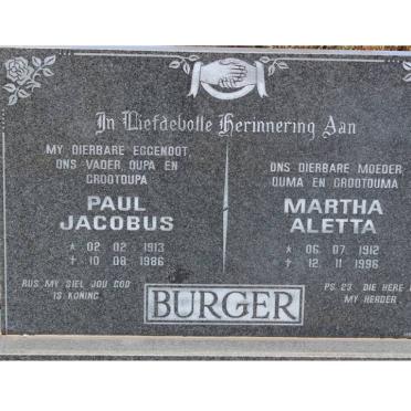 BURGER Paul Jacobus 1913-1986 &amp; Martha Aletta 1912-1996