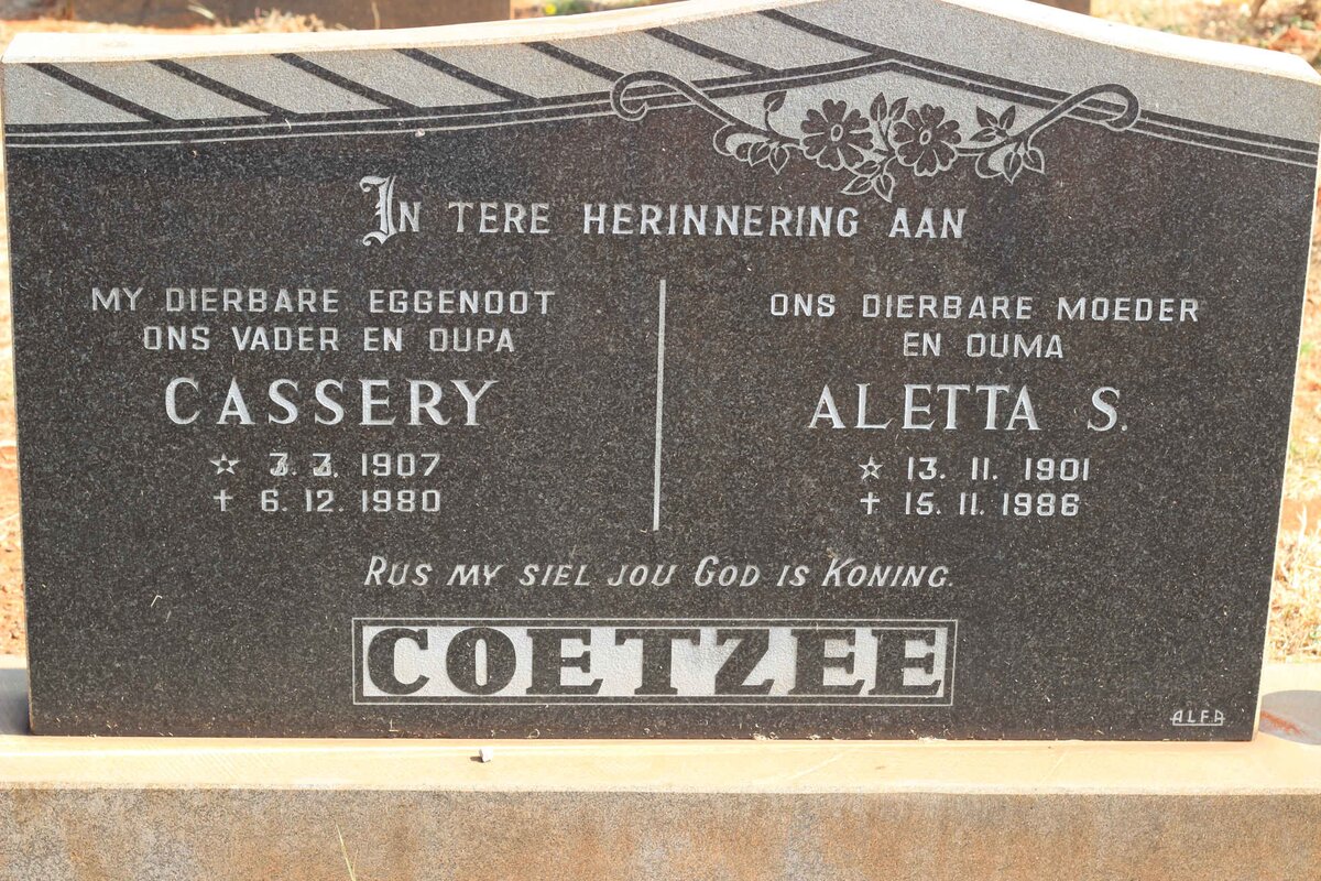 COETZEE Cassery 1907-1980 &amp; Aletta S. 1901-1986